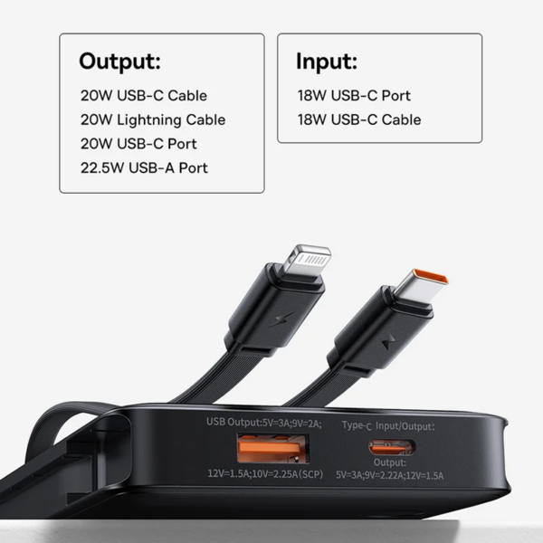 Baseus Airpow Lite 10000mAh Power Bank with Built-in USB-C and Lightning Cables 22.5W Fast Charging - Image 3