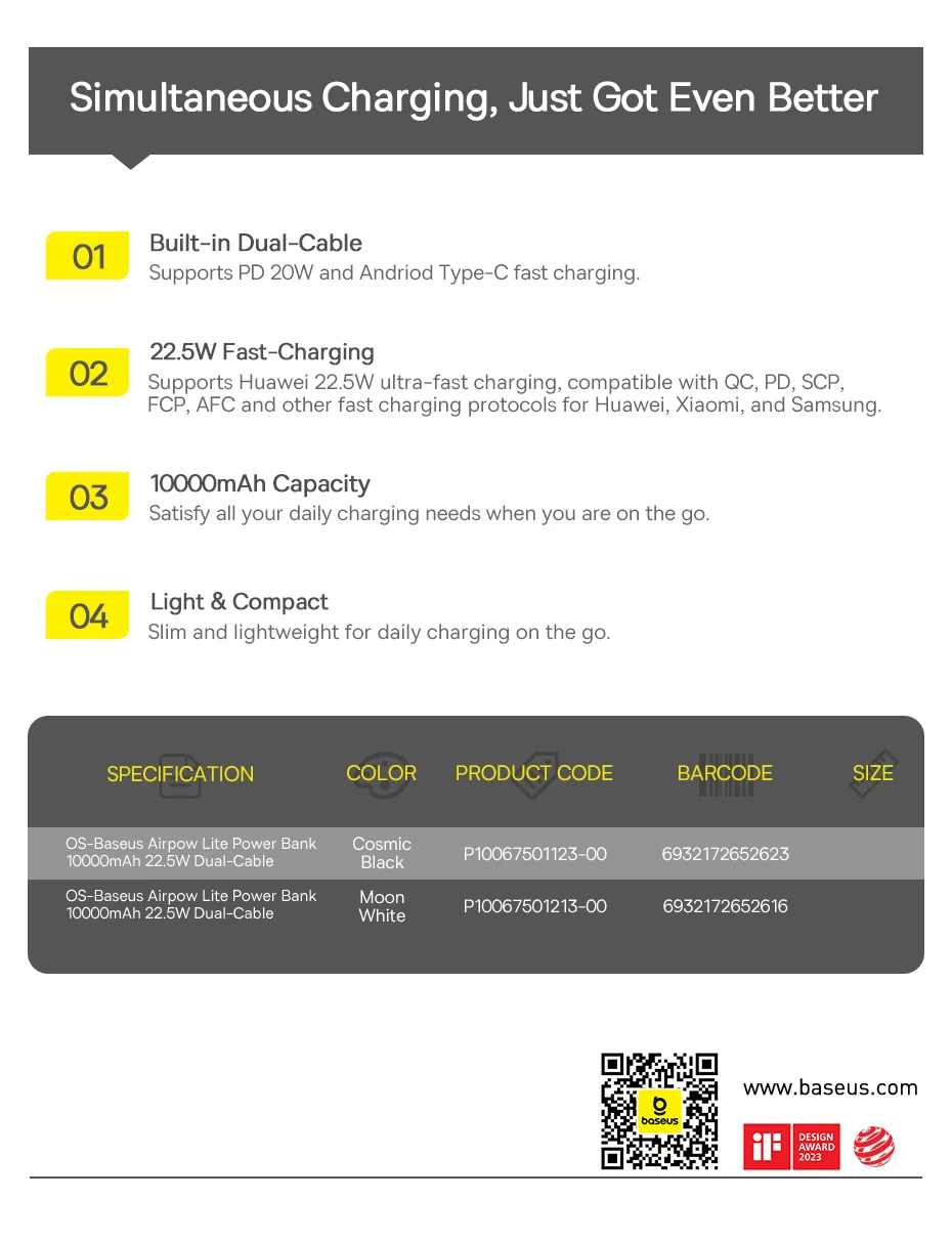 Baseus 22.5W Power Bank 10000mAh with Two Built-in Cables PD Fast Charging For iPhone 16 15 Pro Max, Charge 4 Devices at Once