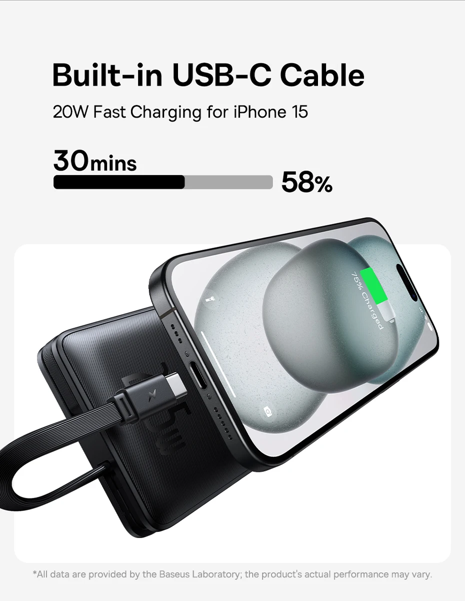 Baseus 22.5W Power Bank 10000mAh with Two Built-in Cables PD Fast Charging For iPhone 16 15 Pro Max, Charge 4 Devices at Once