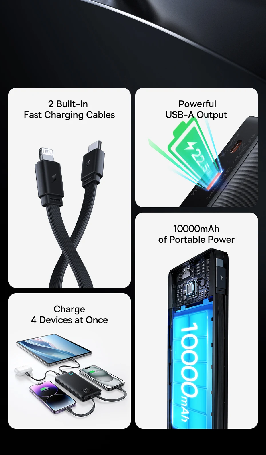 Baseus 22.5W Power Bank 10000mAh with Two Built-in Cables PD Fast Charging For iPhone 16 15 Pro Max, Charge 4 Devices at Once