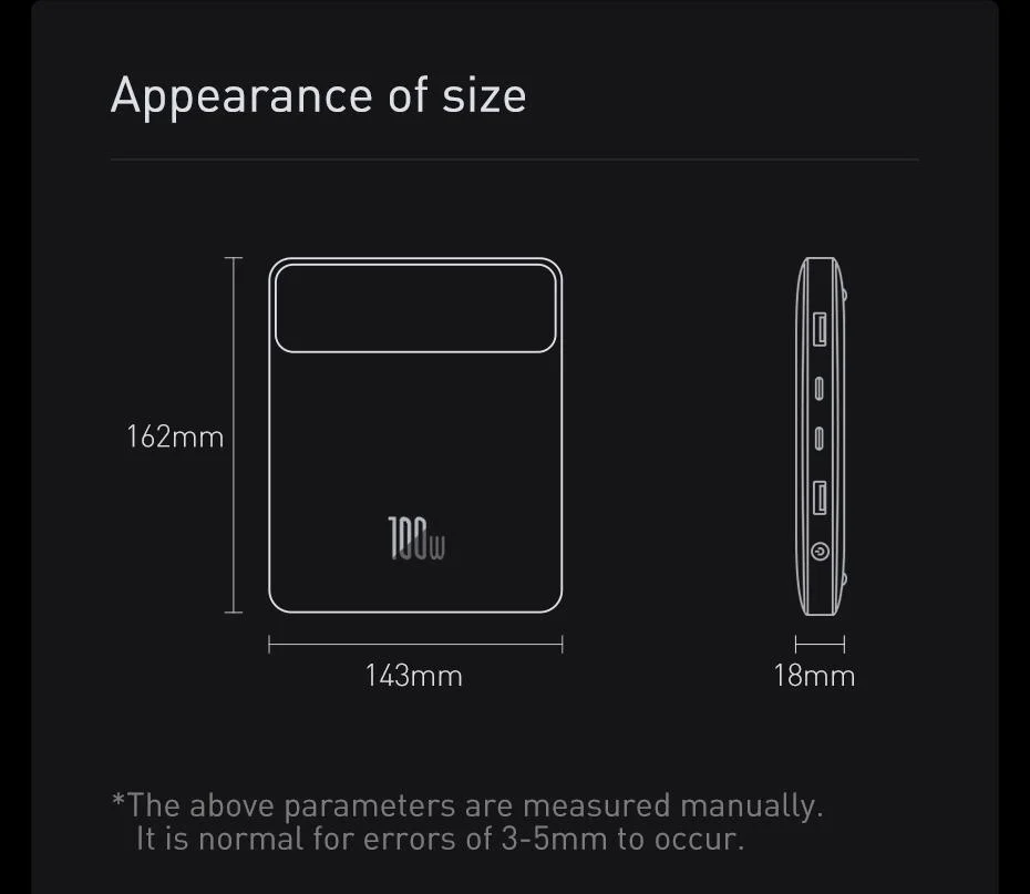 Baseus 100W Power Bank 20000mAh Type C PD Fast Charging Powerbank Portable External Battery Charger for Notebook with 100W Cable