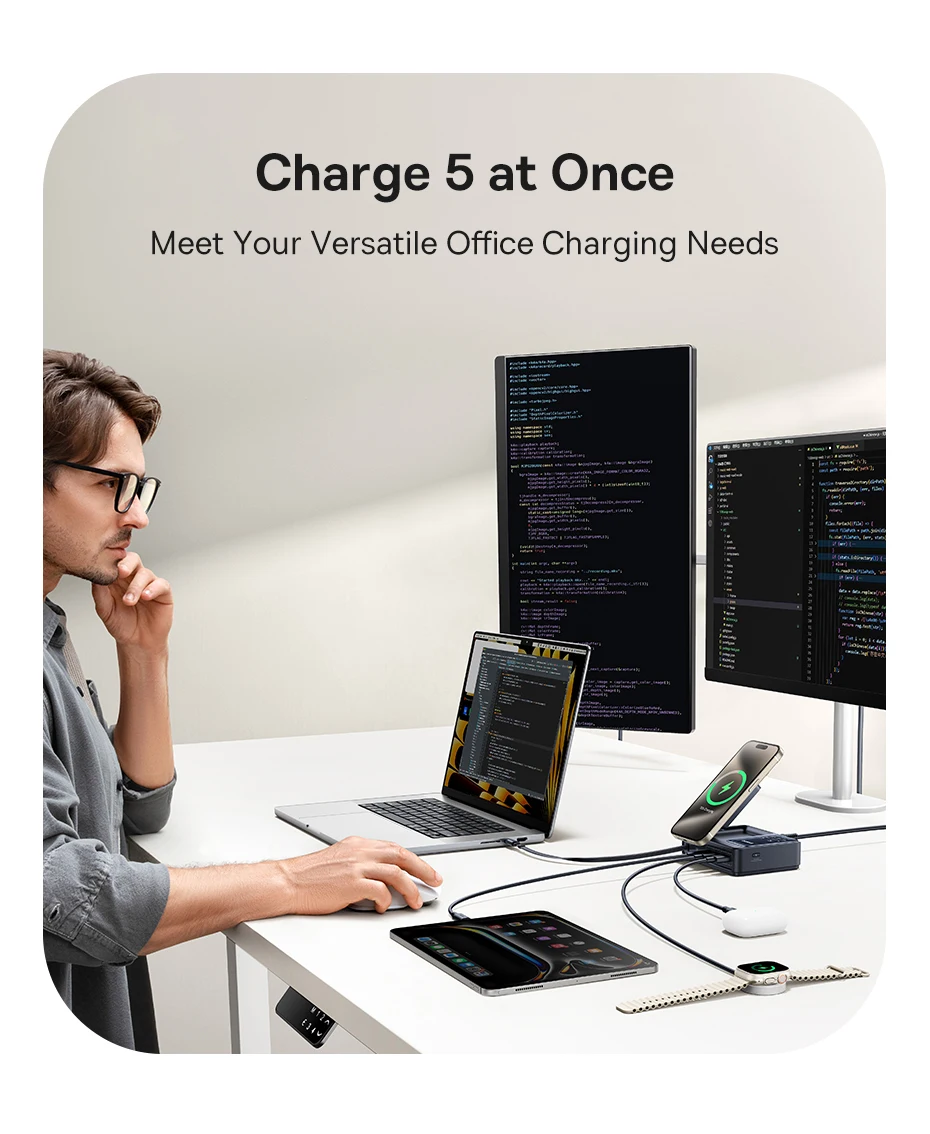 Baseus 140W Desktop Quick Charger,Tablet Fast Charger For Macbook Lenovo,Phone Charger For iPhone Samsung,Retractable C Cable