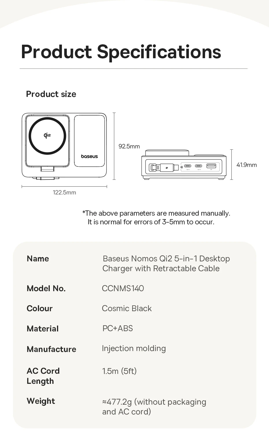 Baseus 140W Desktop Quick Charger,Tablet Fast Charger For Macbook Lenovo,Phone Charger For iPhone Samsung,Retractable C Cable