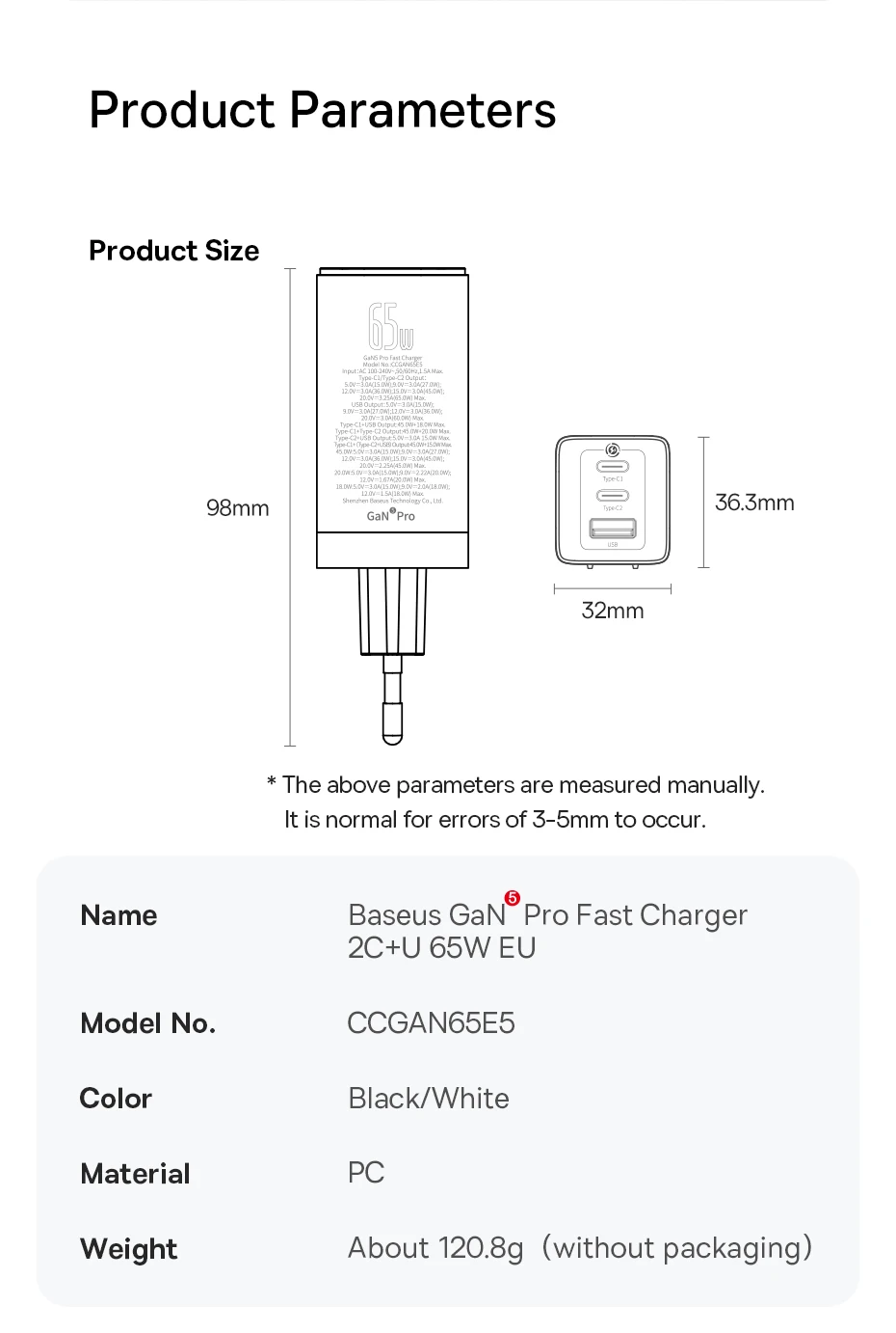 Baseus 65W GaN Charger Quick Charge Type C PD Charger USB Charger with QC4.0 Portable Fast Charger For Laptop iPhone 16 15 14 13
