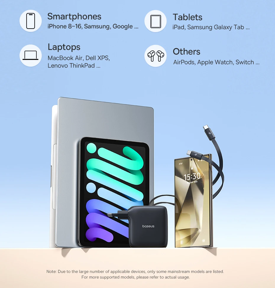 Baseus 67W GaN Charger With Dual Retractable Cable Fast Charger for iPhone Xiaomi Samsung Travel Charger Universal Phone Charger