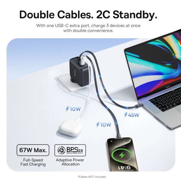 Baseus EnerCore CJ21 67W GaN Retractable USB-C Fast Charger with Triple Port - Image 4