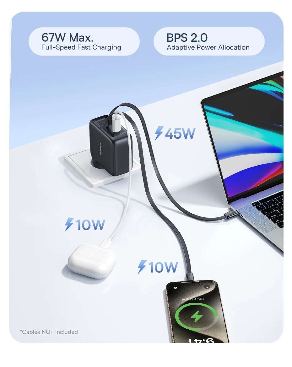 Baseus 67W GaN Charger With Dual Retractable Cable Fast Charger for iPhone Xiaomi Samsung Travel Charger Universal Phone Charger