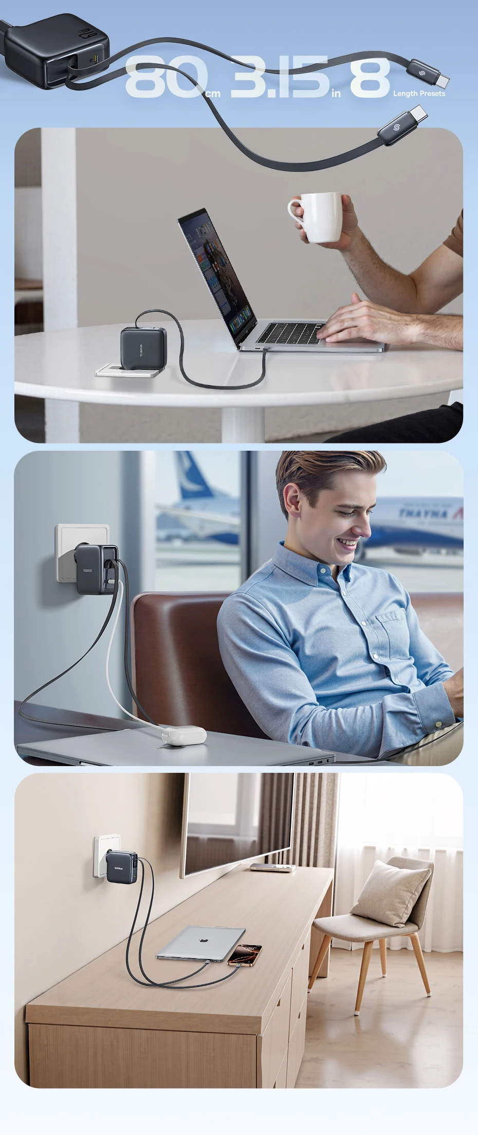 Baseus 67W GaN Charger With Dual Retractable Cable Fast Charger for iPhone Xiaomi Samsung Travel Charger Universal Phone Charger