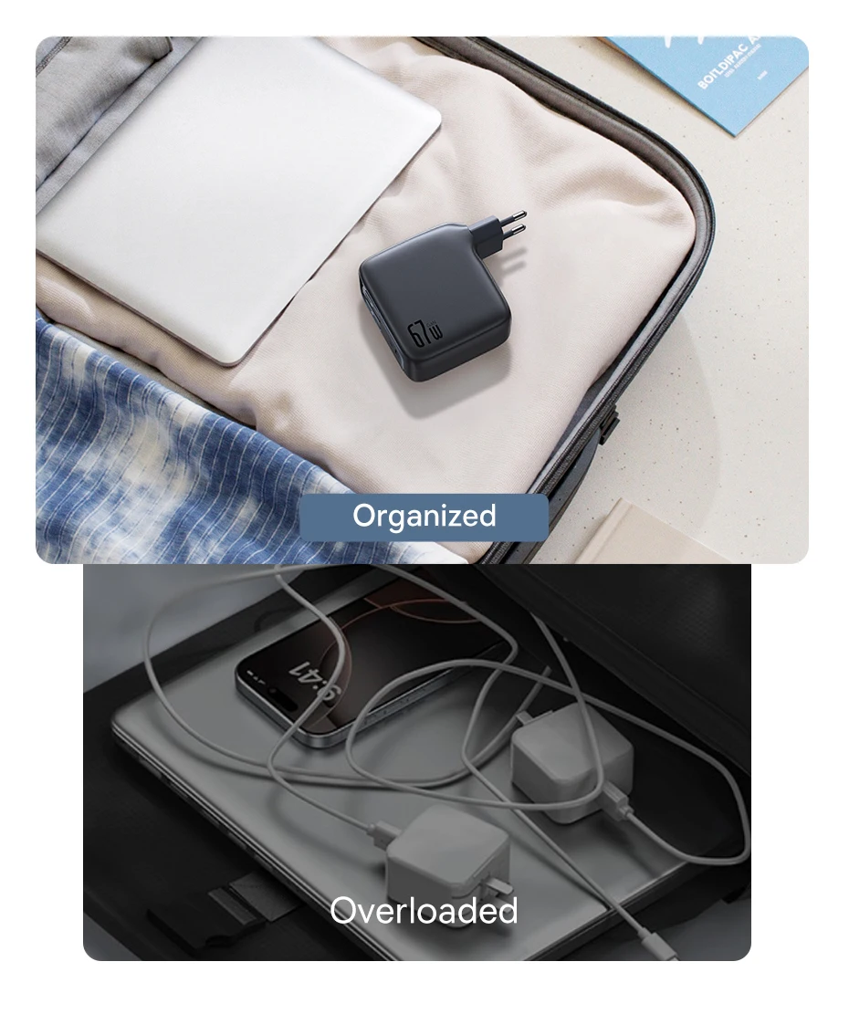 Baseus 67W GaN Charger With Dual Retractable Cable Fast Charger for iPhone Xiaomi Samsung Travel Charger Universal Phone Charger