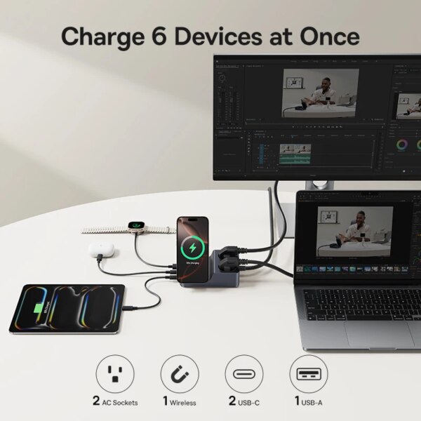 Baseus Nomos 8-in-1 Slim Charging Station 67W with AC Outlets, Qi2 Wireless, and USB-C Fast Charging - Image 2