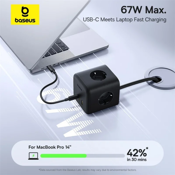 Baseus EnerFill FA11 6-in-1 GaN Charging Station 67W Cube Power Strip with 3 AC Outlets - Image 3