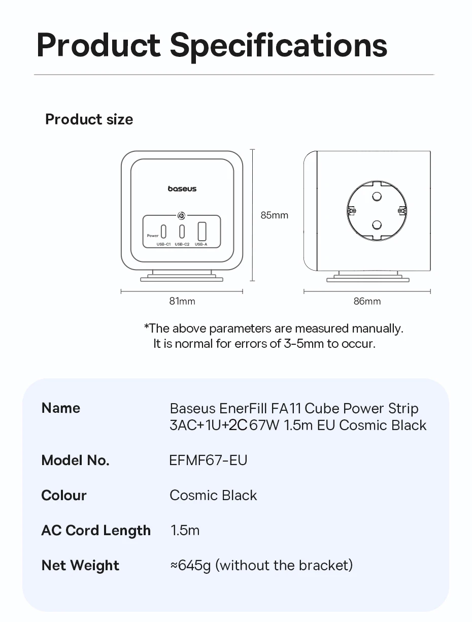 Baseus 67W GaN Fast Charger Power Strip 3AC 3680W Outlet USB-C Fast Charging Desktop Station For Laptop iPhone Samsung Xiaomi