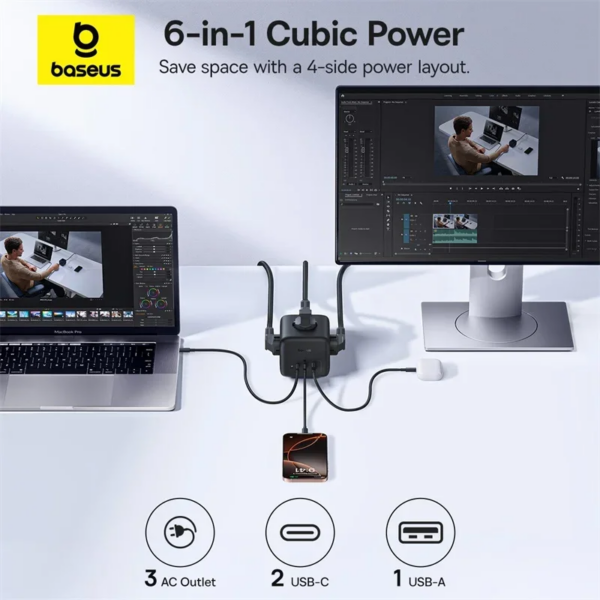Baseus EnerFill FA11 6-in-1 GaN Charging Station 67W Cube Power Strip with 3 AC Outlets - Image 2