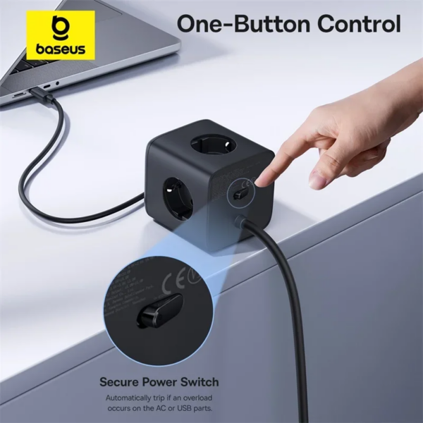 Baseus EnerFill FA11 6-in-1 GaN Charging Station 67W Cube Power Strip with 3 AC Outlets - Image 6