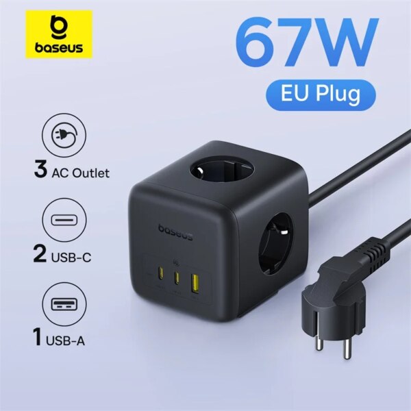 Baseus EnerFill FA11 6-in-1 GaN Charging Station 67W Cube Power Strip with 3 AC Outlets