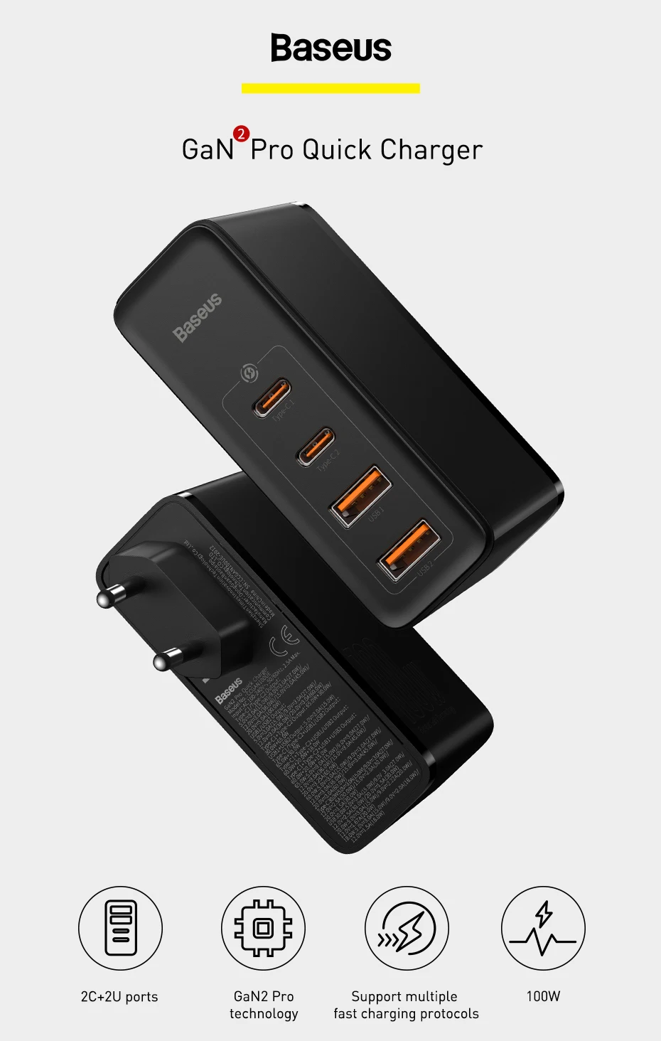 Baseus GaN Charger 100W USB Type C PD Fast Charger with Quick Charge 4.0 USB Phone Charger For MacBook Laptop iPhone 16 15 14