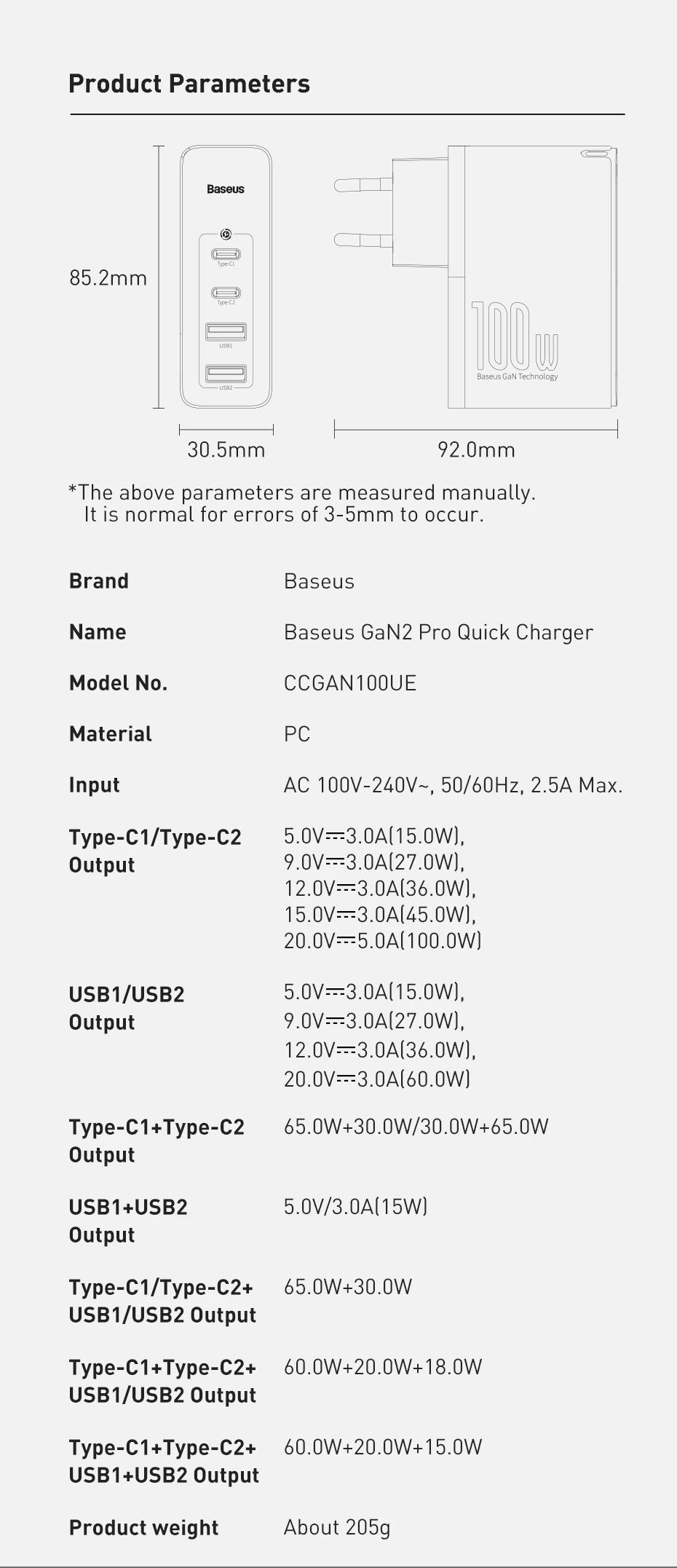 Baseus GaN Charger 100W USB Type C PD Fast Charger with Quick Charge 4.0 USB Phone Charger For MacBook Laptop iPhone 16 15 14
