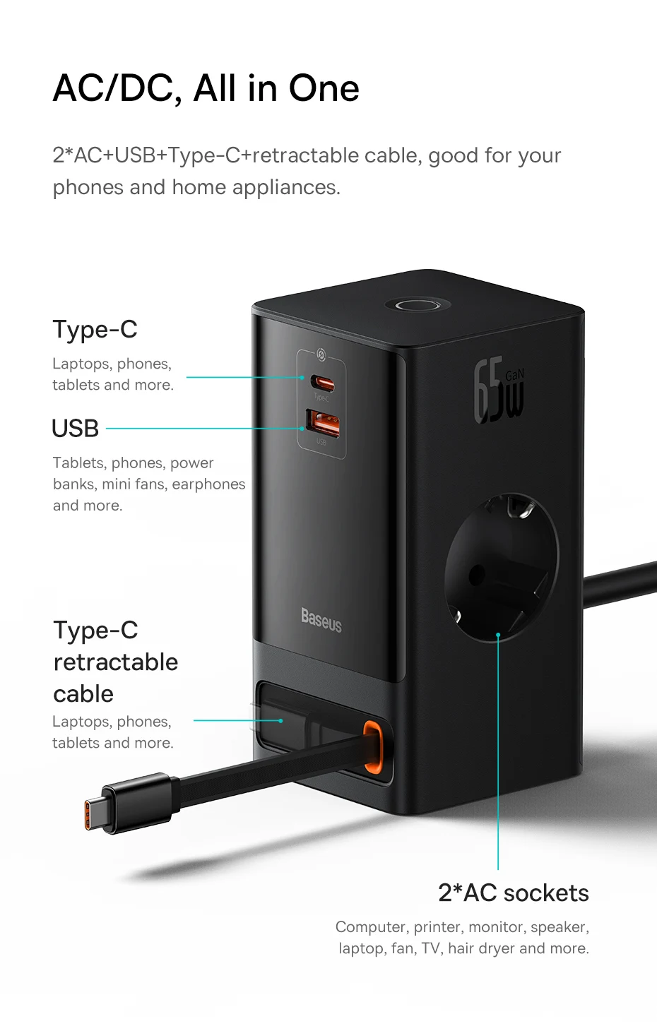 Baseus 65W GaN Charger Digital Desktop Fast Power Strip 4000W 2AC Sockets APP Remote Control For Laptop Tablet iPhone Samsung
