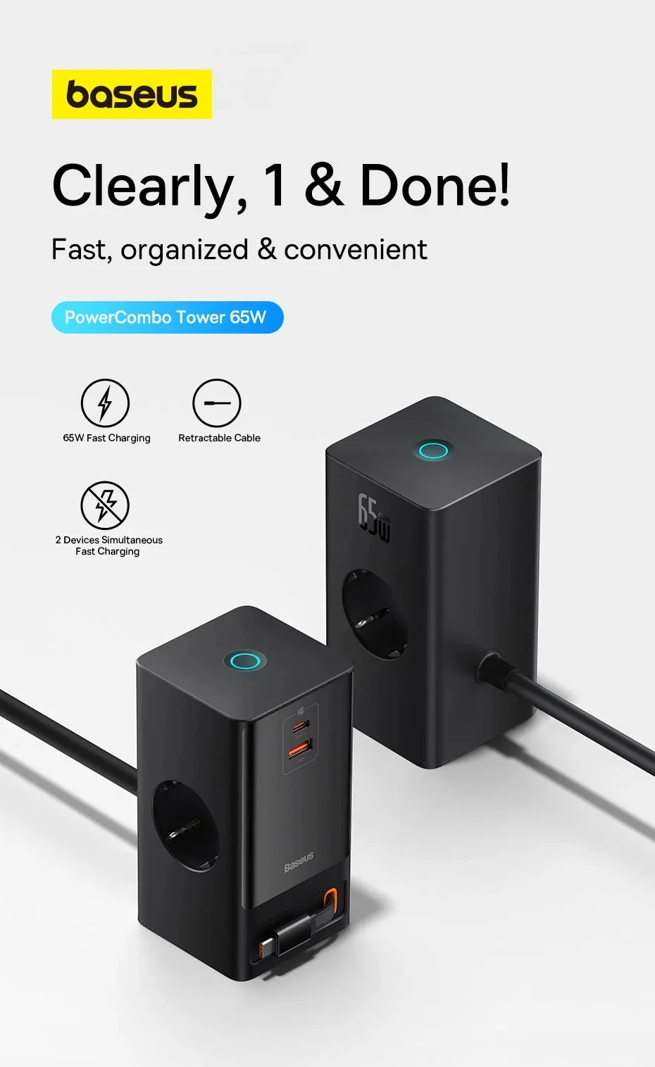 Baseus 65W GaN Charger Digital Desktop Fast Power Strip 4000W 2AC Sockets APP Remote Control For Laptop Tablet iPhone Samsung