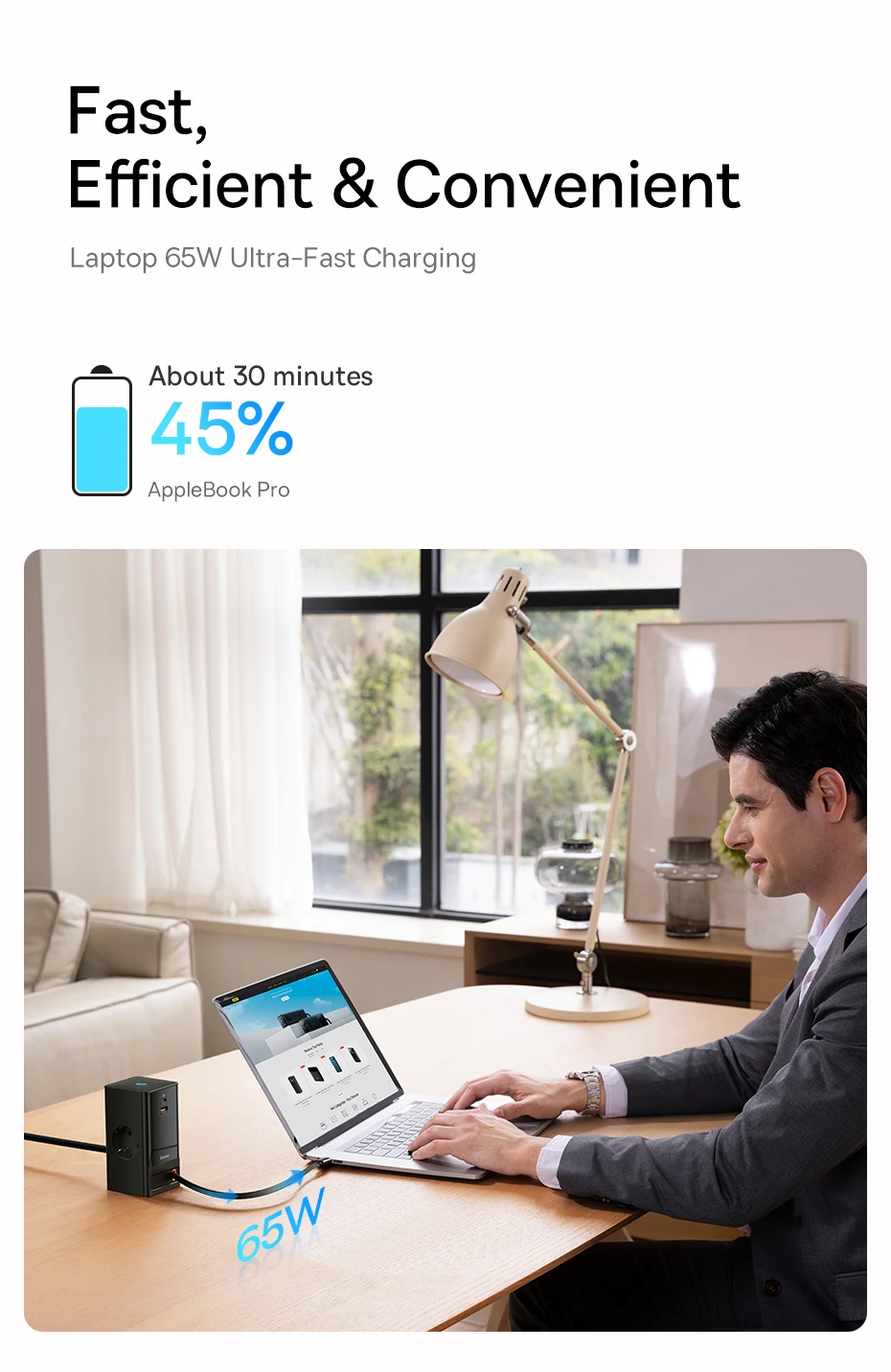 Baseus 65W GaN Charger Digital Desktop Fast Power Strip 4000W 2AC Sockets APP Remote Control For Laptop Tablet iPhone Samsung