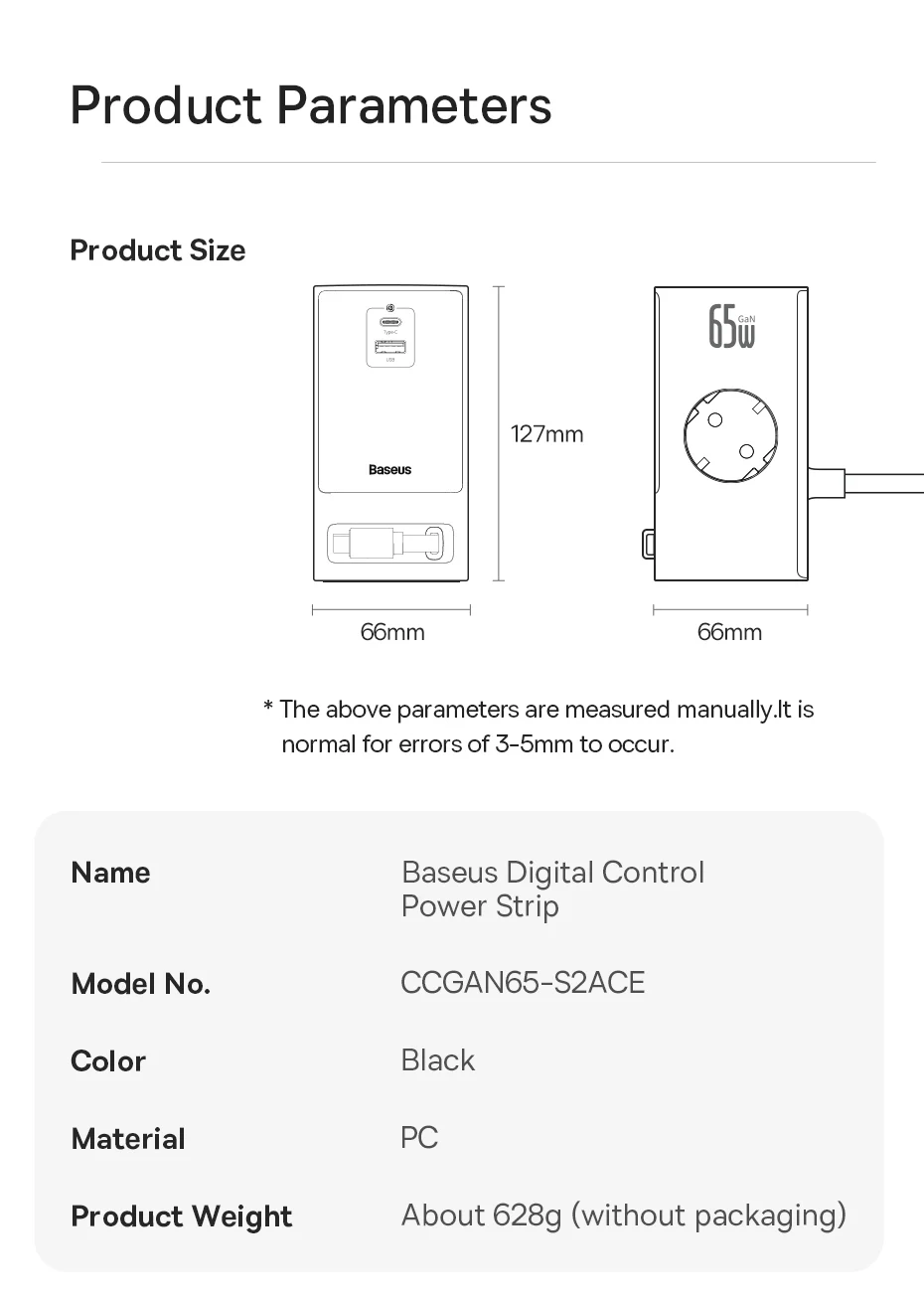 Baseus 65W GaN Charger Digital Desktop Fast Power Strip 4000W 2AC Sockets APP Remote Control For Laptop Tablet iPhone Samsung