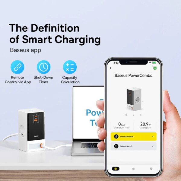 Baseus 65W PowerCombo Smart Digital Power Strip with GaN Tech, Retractable Cable & App Control - Image 2