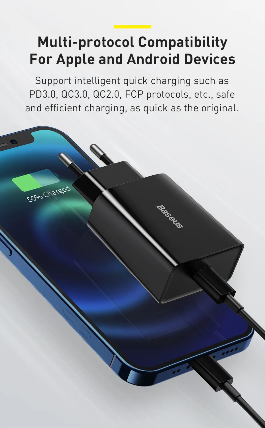 Baseus 20W Quick Charge QC 3.0 PD USB Type C Fast Charging Charger for iPhone 16 15 14 13 12 X Xiaomi Samsung Phone PD Charger