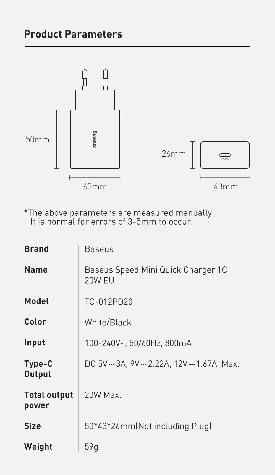 Baseus 20W Quick Charge QC 3.0 PD USB Type C Fast Charging Charger for iPhone 16 15 14 13 12 X Xiaomi Samsung Phone PD Charger