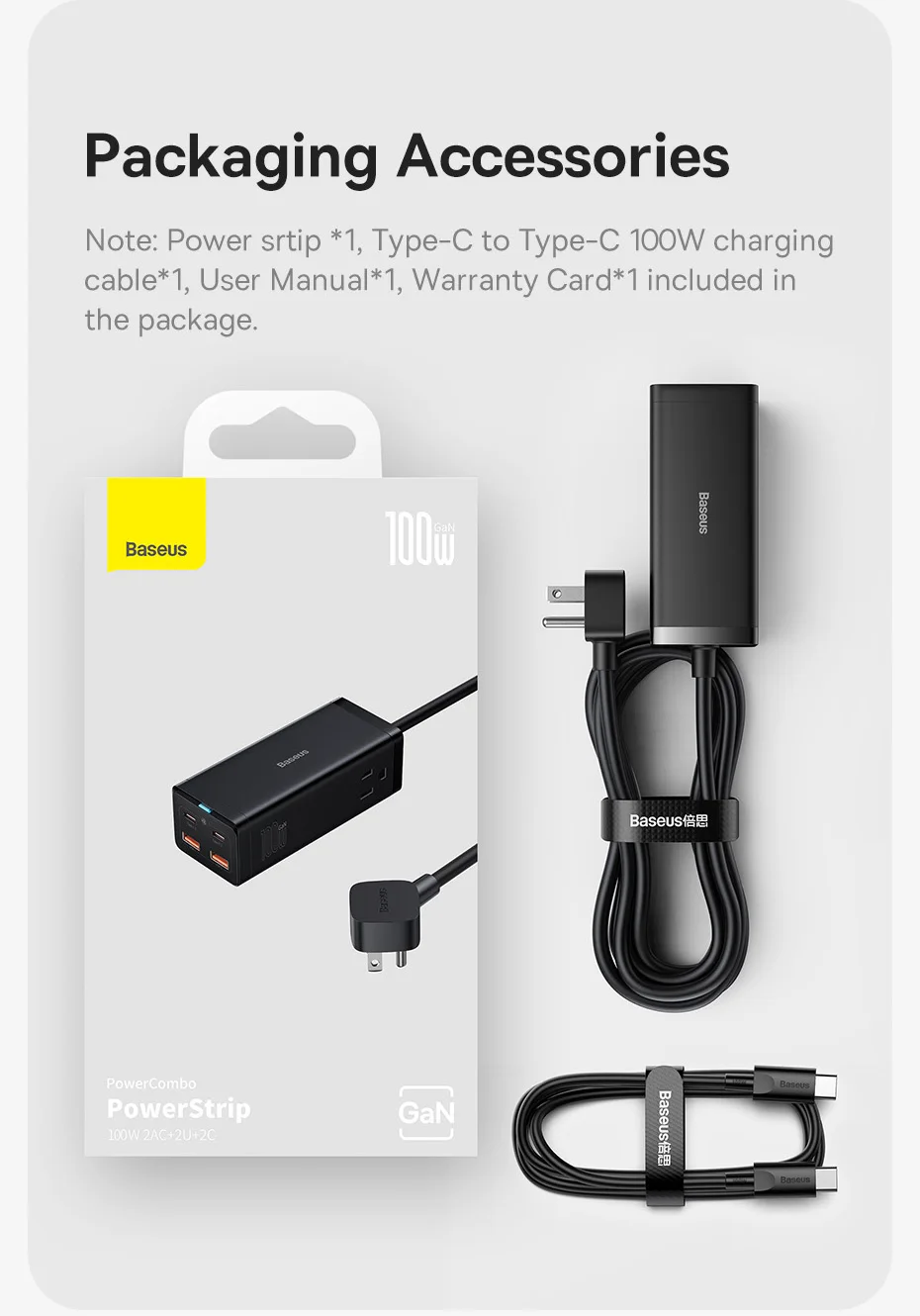 Baseus 100W GaN Desktop Charger Power Strip Fast Charging Station 4000W AC Outlet For Laptop Tablet iPhone 16 15 Xiaomi Samsung