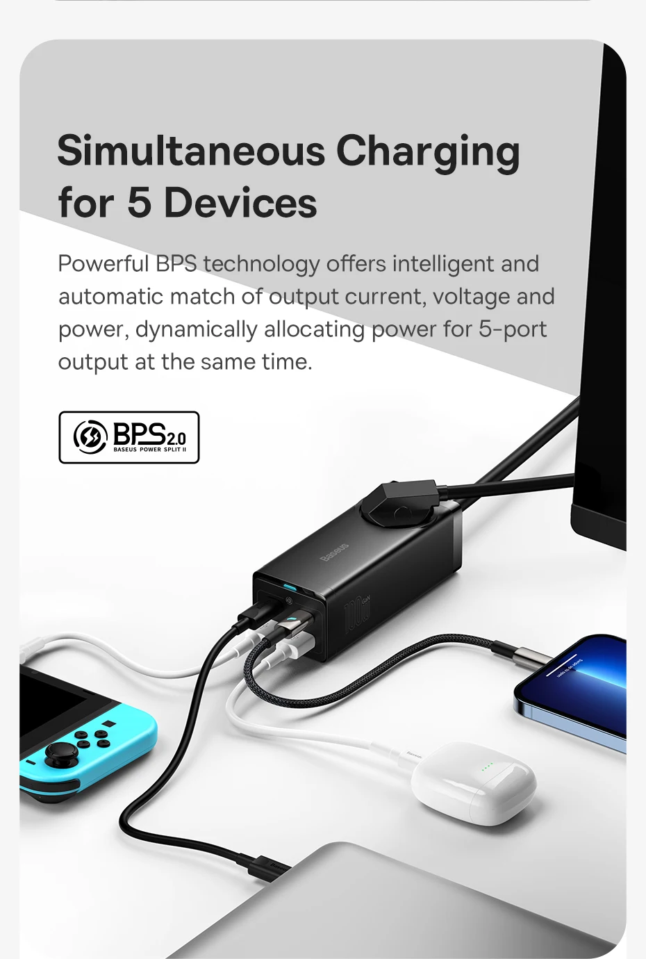 Baseus 100W GaN Desktop Charger Power Strip Fast Charging Station 4000W AC Outlet For Laptop Tablet iPhone 16 15 Xiaomi Samsung