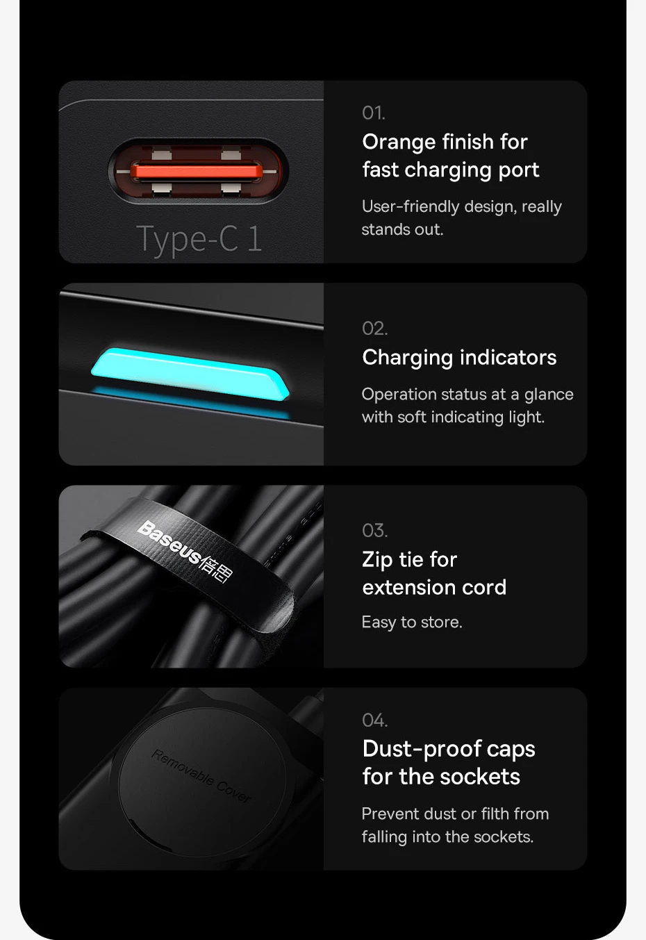 Baseus 100W GaN Desktop Charger Power Strip Fast Charging Station 4000W AC Outlet For Laptop Tablet iPhone 16 15 Xiaomi Samsung