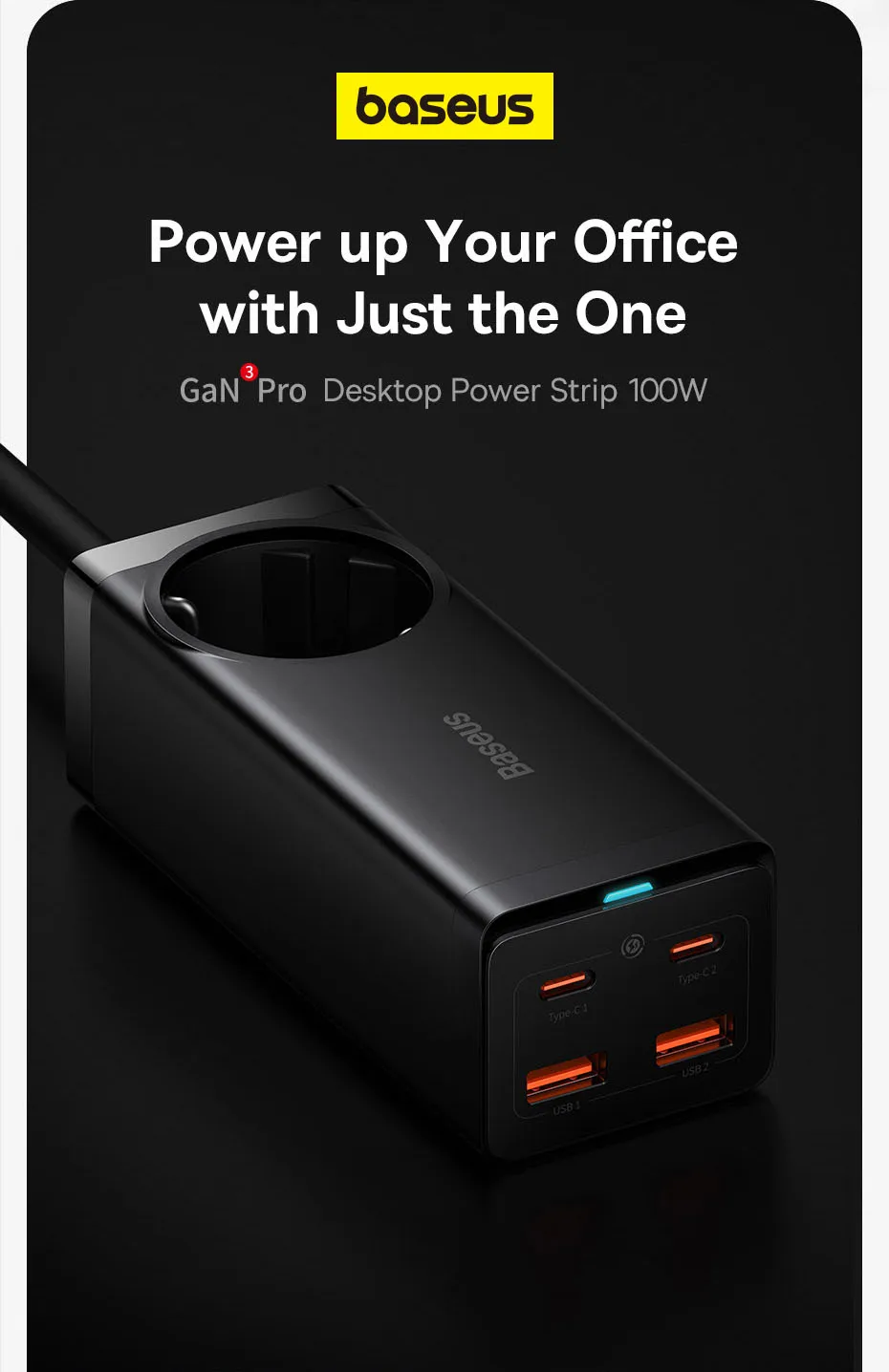 Baseus 100W GaN Desktop Charger Power Strip Fast Charging Station 4000W AC Outlet For Laptop Tablet iPhone 16 15 Xiaomi Samsung