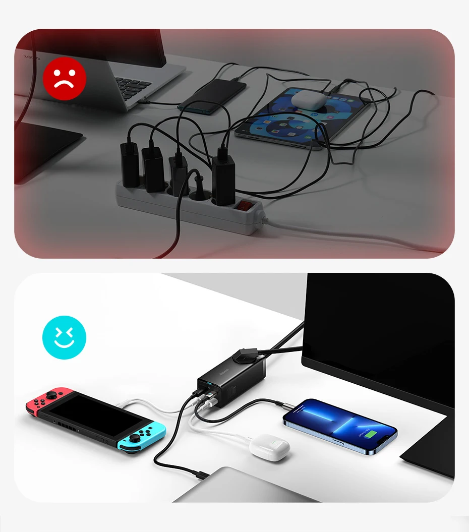 Baseus 100W GaN Desktop Charger Power Strip Fast Charging Station 4000W AC Outlet For Laptop Tablet iPhone 16 15 Xiaomi Samsung