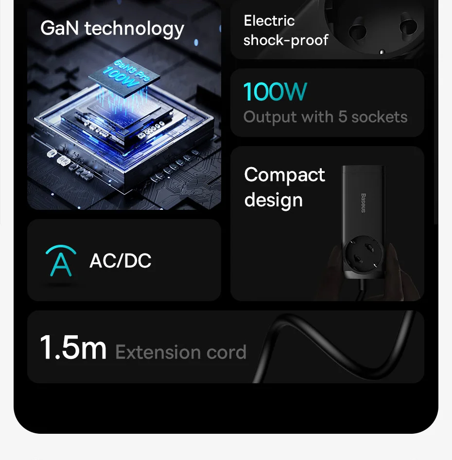 Baseus 100W GaN Desktop Charger Power Strip Fast Charging Station 4000W AC Outlet For Laptop Tablet iPhone 16 15 Xiaomi Samsung