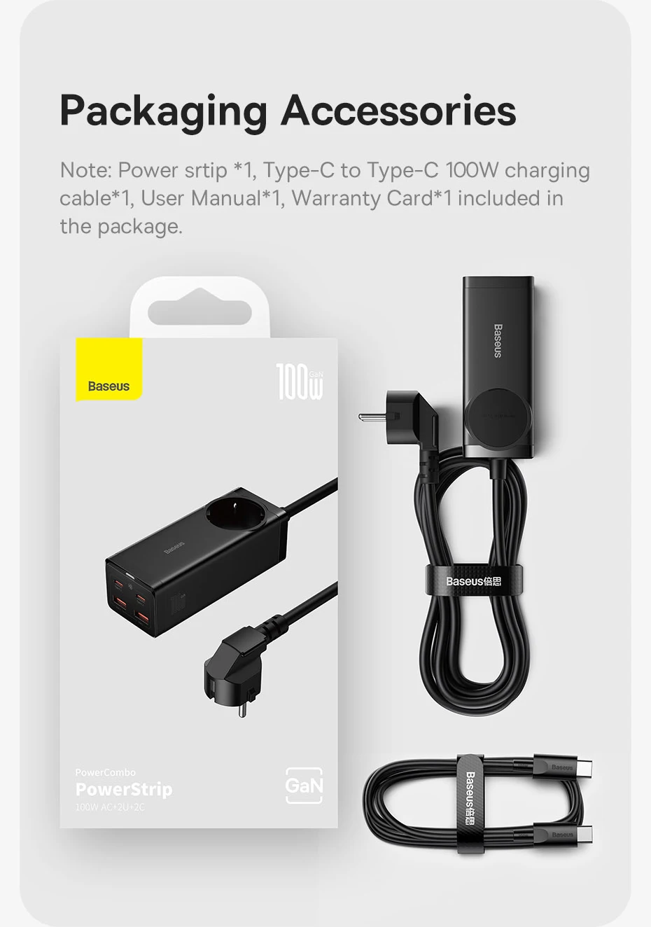 Baseus 100W GaN Desktop Charger Power Strip Fast Charging Station 4000W AC Outlet For Laptop Tablet iPhone 16 15 Xiaomi Samsung