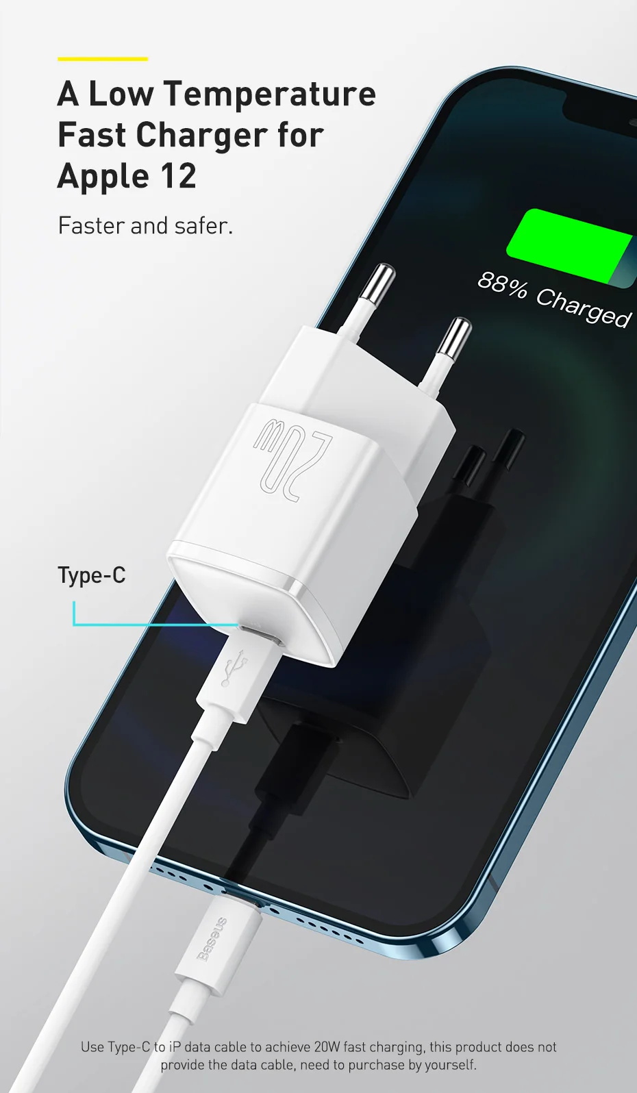 Baseus USB Type C Charger 20W Portable USB C Charger Support Type C PD Fast Charging For iPhone 16 15 14 13 12 Pro Max Tablets