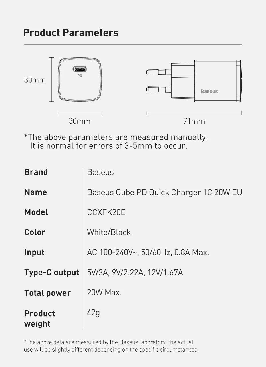 Baseus USB Type C Charger 20W Portable USB C Charger Support Type C PD Fast Charging For iPhone 16 15 14 13 12 Pro Max Tablets