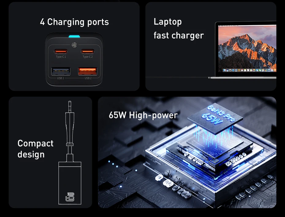 【Limited】Baseus 65W Desktop Charger For Laptop Tablet Fast Charger For Samsung POCO Oneplus iPhone Phone Charger GaN Charger