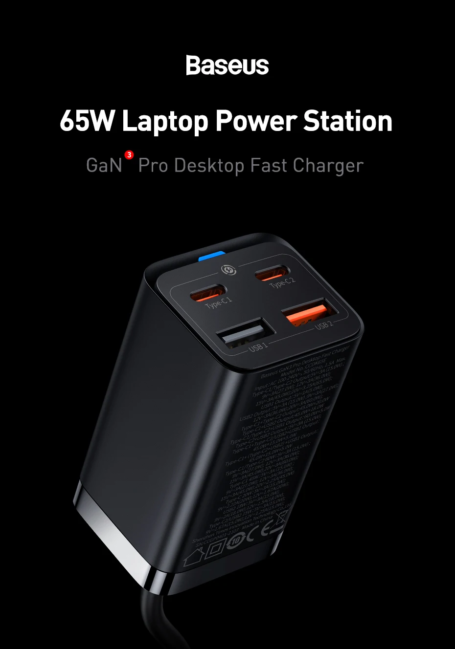 【Limited】Baseus 65W Desktop Charger For Laptop Tablet Fast Charger For Samsung POCO Oneplus iPhone Phone Charger GaN Charger