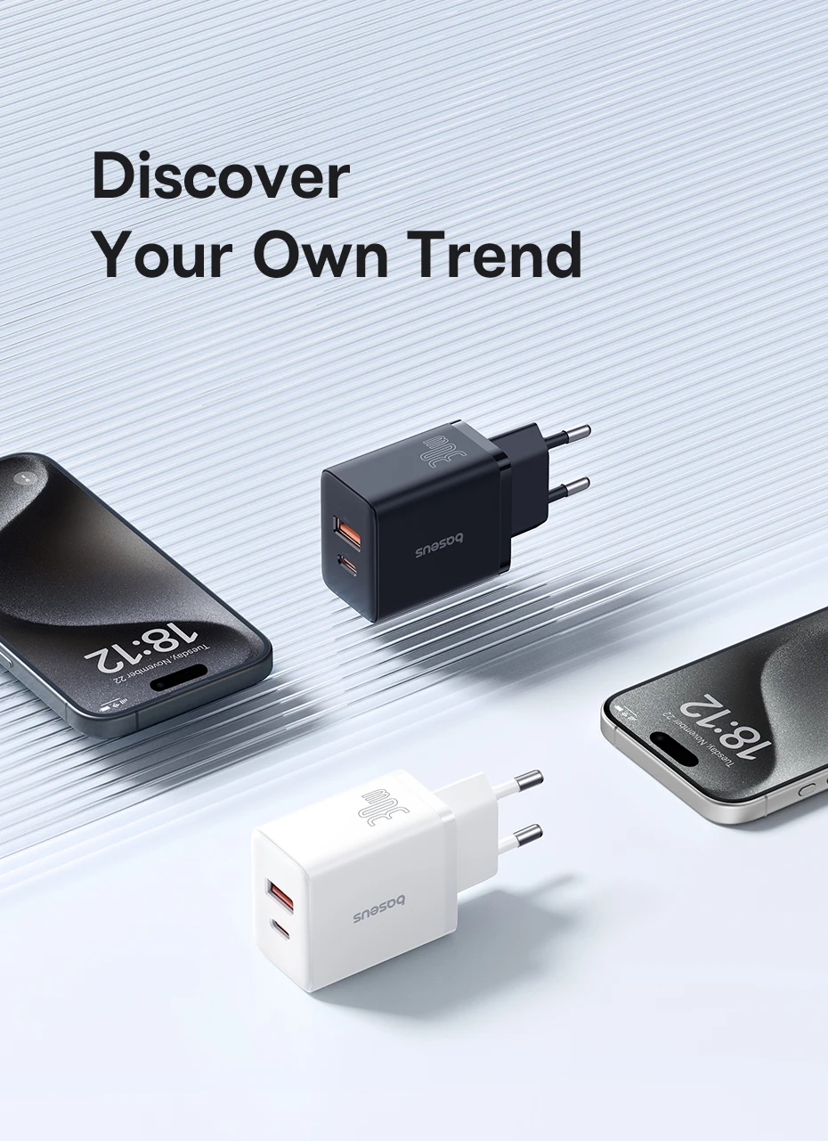 Baseus GaN Charger 30W USB Type C Fast Charger PD USB C Quick Charge 3.0 Dual Port Phone Charge for iPhone 15 14 13 12 Macbook