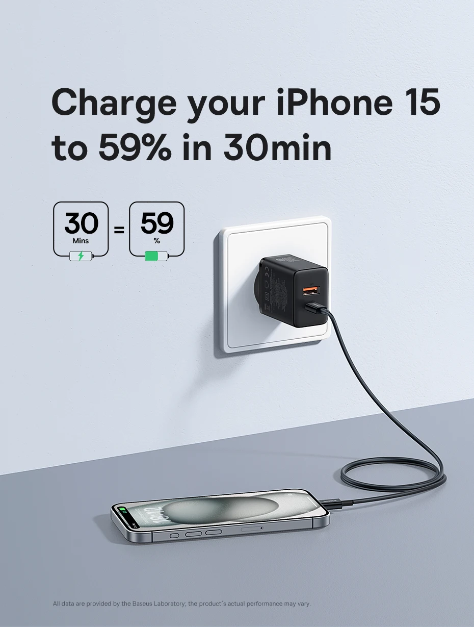 Baseus GaN Charger 30W USB Type C Fast Charger PD USB C Quick Charge 3.0 Dual Port Phone Charge for iPhone 15 14 13 12 Macbook