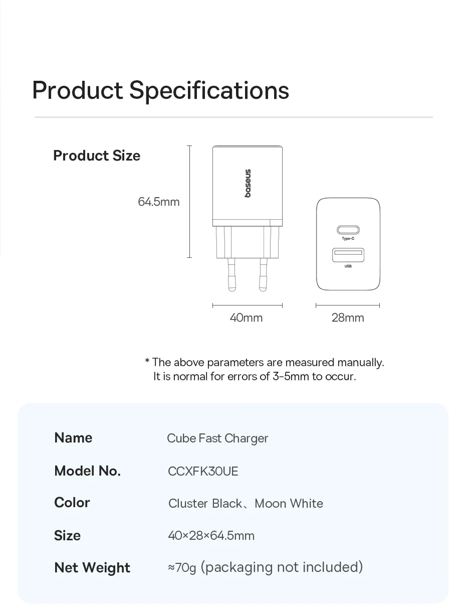 Baseus GaN Charger 30W USB Type C Fast Charger PD USB C Quick Charge 3.0 Dual Port Phone Charge for iPhone 15 14 13 12 Macbook