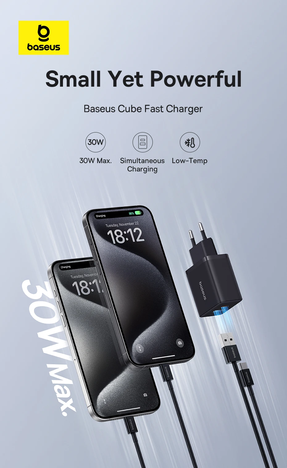 Baseus GaN Charger 30W USB Type C Fast Charger PD USB C Quick Charge 3.0 Dual Port Phone Charge for iPhone 15 14 13 12 Macbook