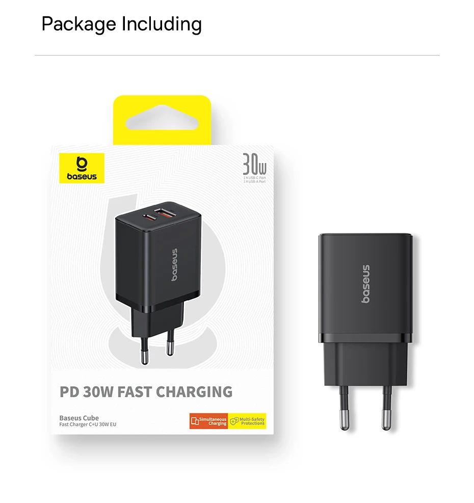 Baseus GaN Charger 30W USB Type C Fast Charger PD USB C Quick Charge 3.0 Dual Port Phone Charge for iPhone 15 14 13 12 Macbook