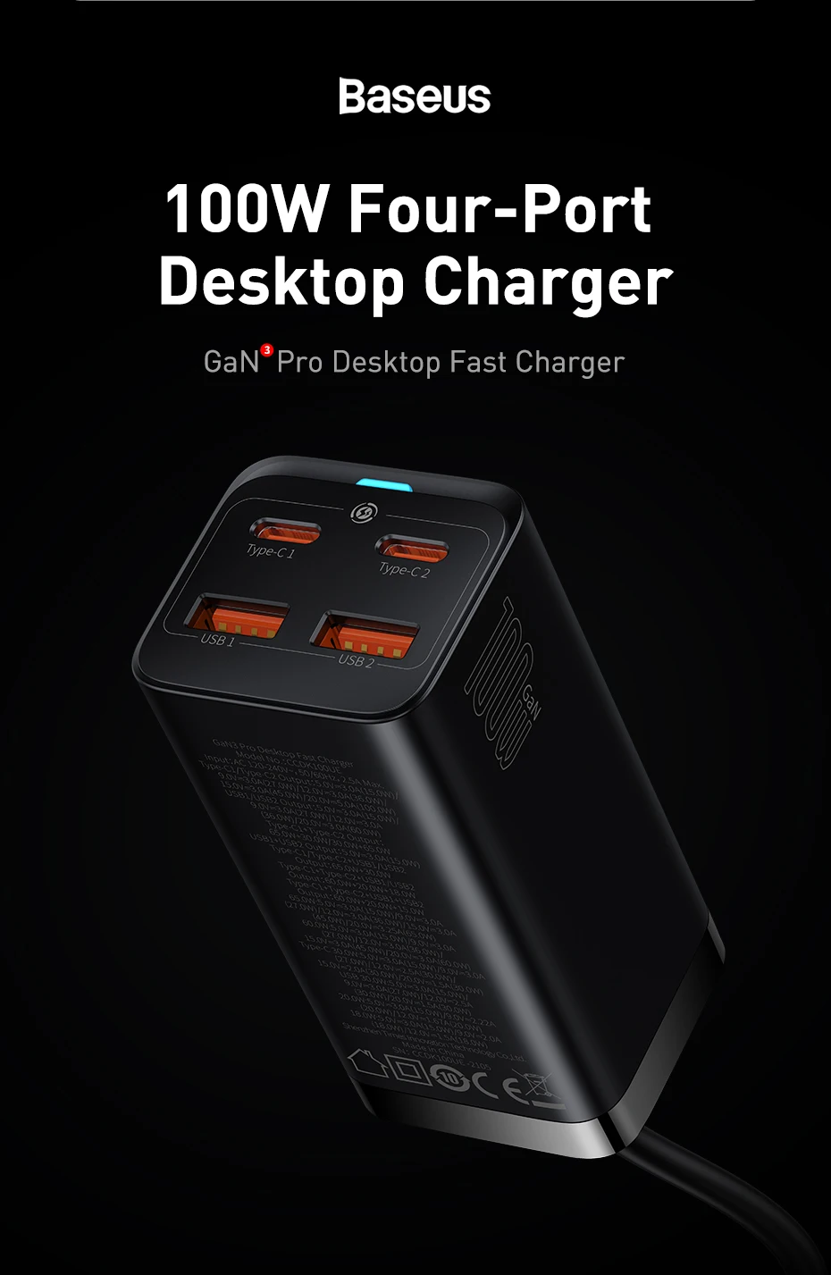 Baseus 100W 65W GaN Charger Desktop Laptop Fast Charger 4 in 1 Adapter For iPhone 16 15 14 13 12 Pro Max Phone Charger Samsung