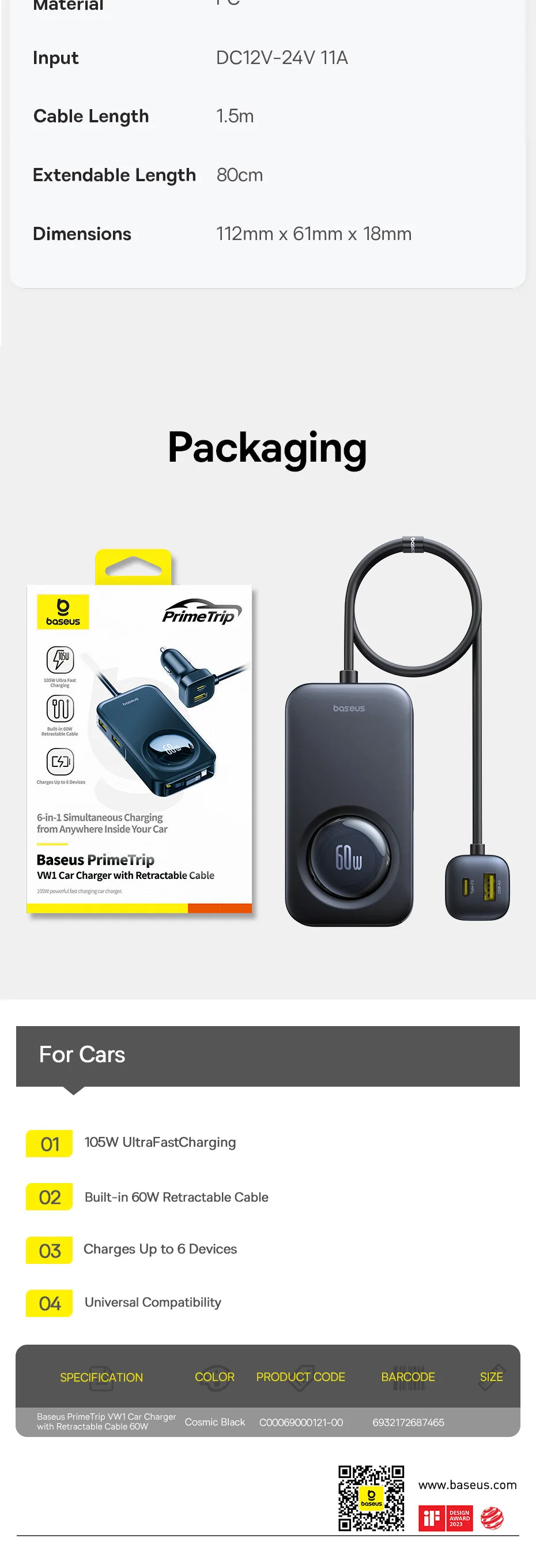 Baseus 105W Retractable Car Charger Rear Seat Expand Quick Charger 6 Ports PD QC 60W Fast Charging For Notebook iPhone Samsung