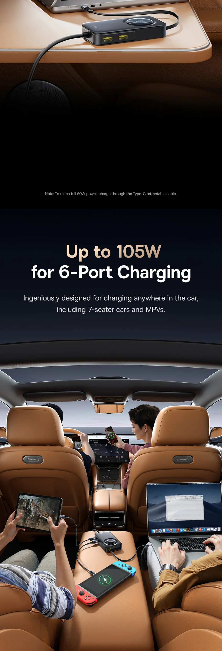 Baseus 105W Retractable Car Charger Rear Seat Expand Quick Charger 6 Ports PD QC 60W Fast Charging For Notebook iPhone Samsung