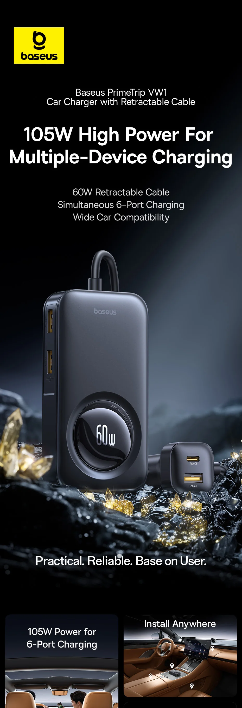 Baseus 105W Retractable Car Charger Rear Seat Expand Quick Charger 6 Ports PD QC 60W Fast Charging For Notebook iPhone Samsung