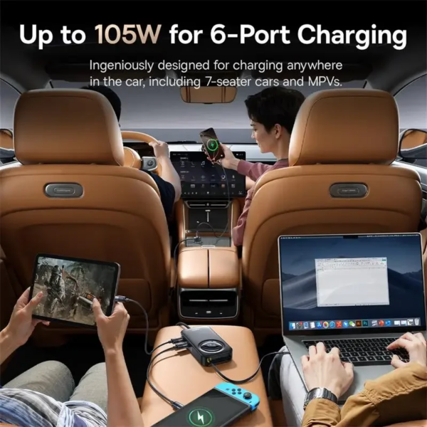 Baseus PrimeTrip VW1 105W Car Charger with 60W Retractable Cable - 6-Port Fast Charging for Laptop, Phone, Camping - Image 4