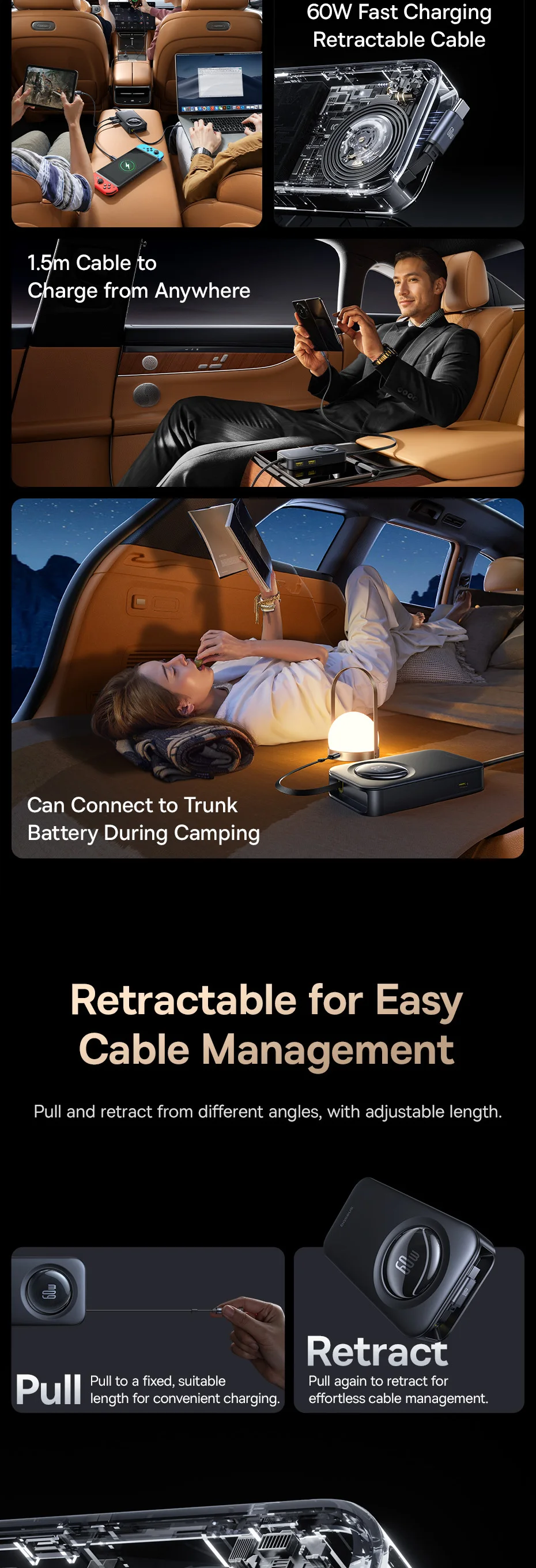 Baseus 105W Retractable Car Charger Rear Seat Expand Quick Charger 6 Ports PD QC 60W Fast Charging For Notebook iPhone Samsung